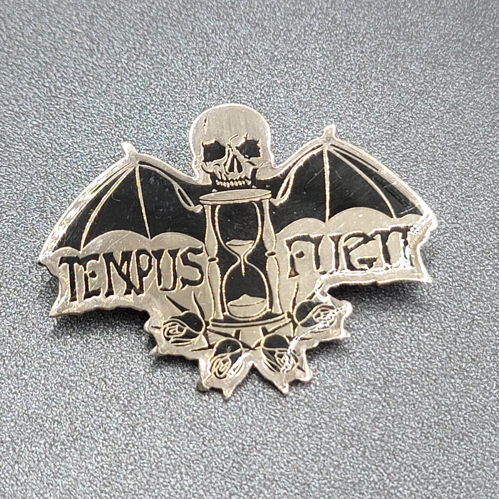 Tempus Fugit Time Flies Lapel Pin Black Silver Oddity Goth Punk Rock