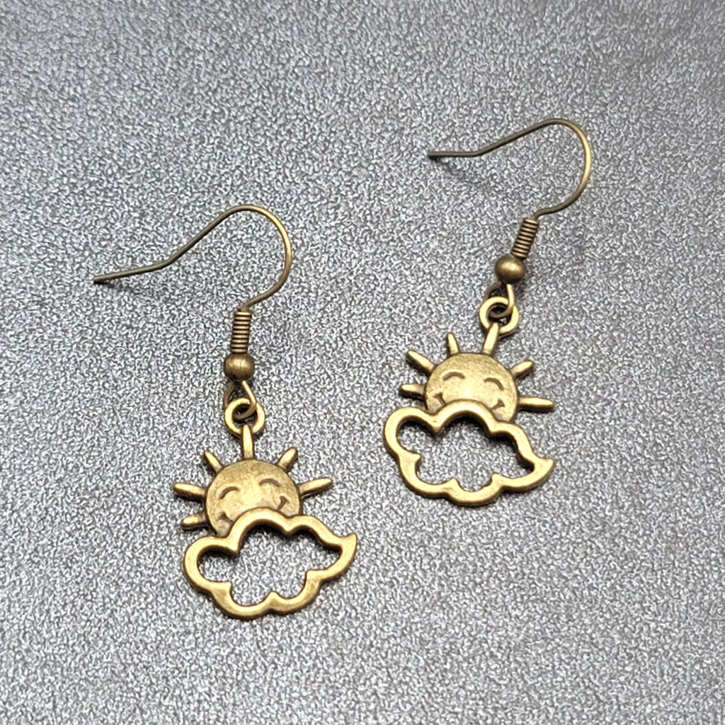 New Happy Sun Clouds Pierced Earrings Bronze tone Dangle 3/4"