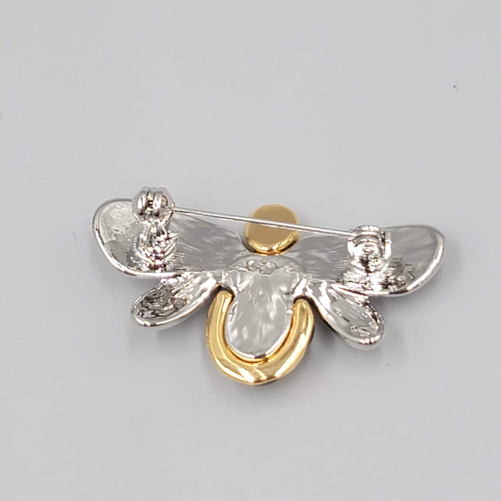 Vintage Bee Brooch Gold and Silver toen Black Enamel High Polish 1 5/8"