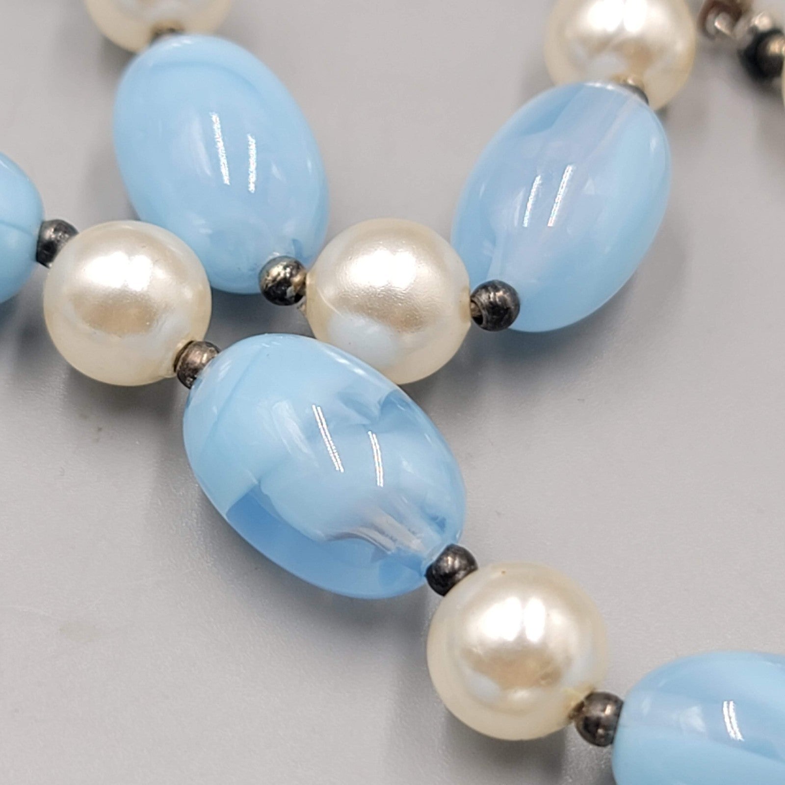 Vintage Swirl Blue Acrylic Necklace White Silver tone Beads 24 in