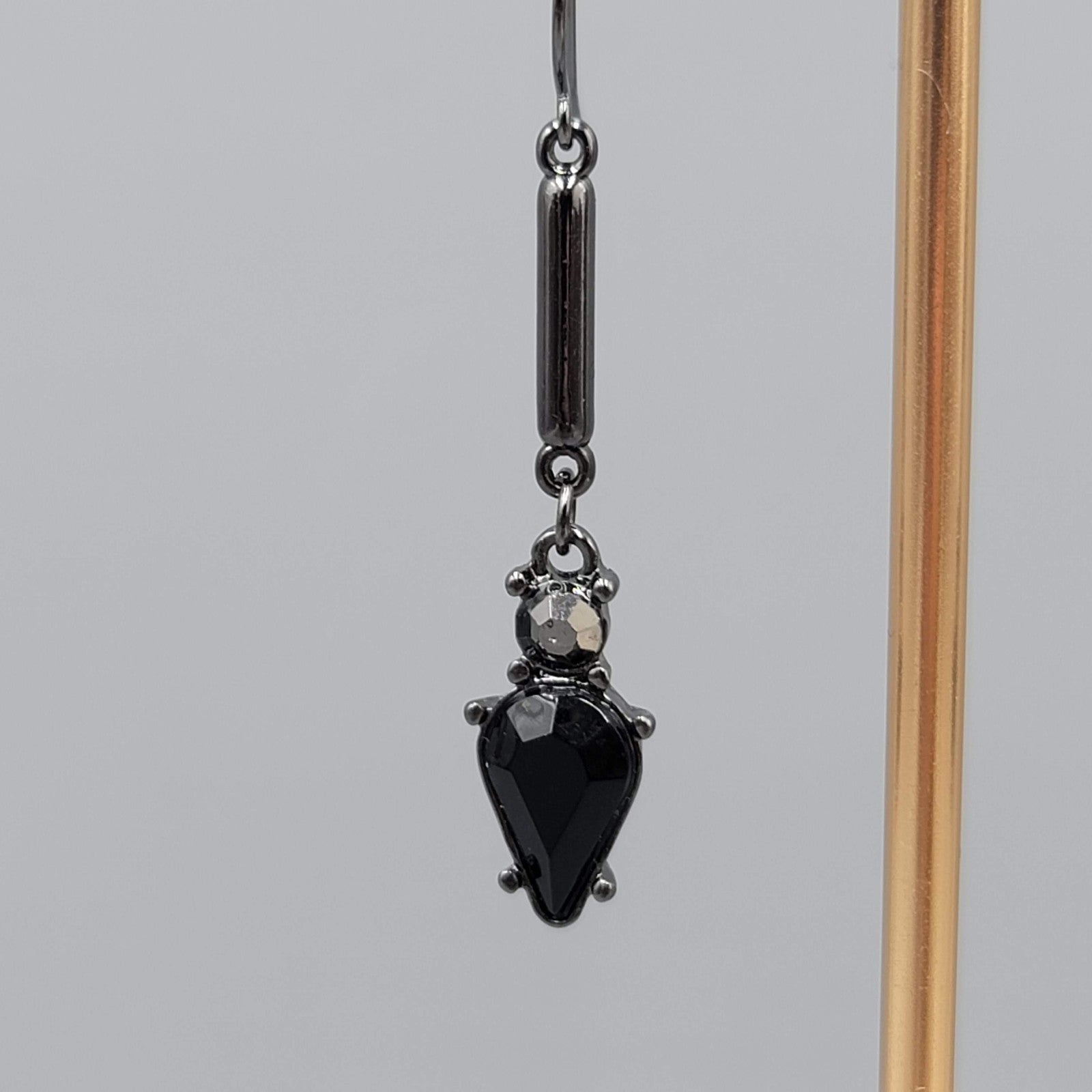 Black Metal Rhinestone Pierced Earrings Dangle 1.75 in