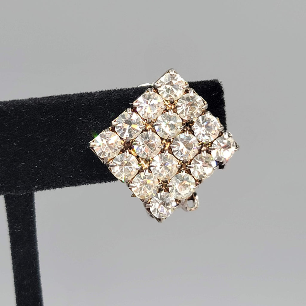 Vintage Square Rhinestone Clip on Earrings Silver tone 7/8"