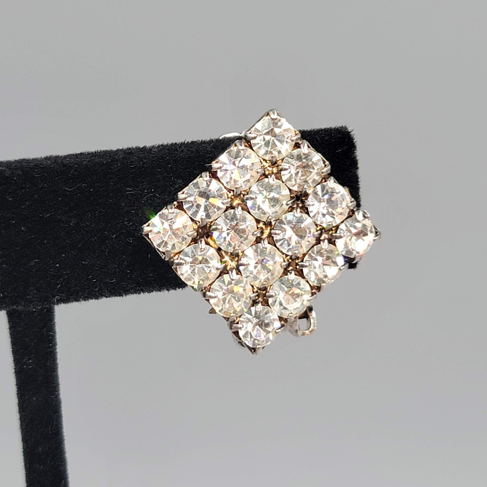 Vintage Square Rhinestone Clip on Earrings Silver tone 7/8"