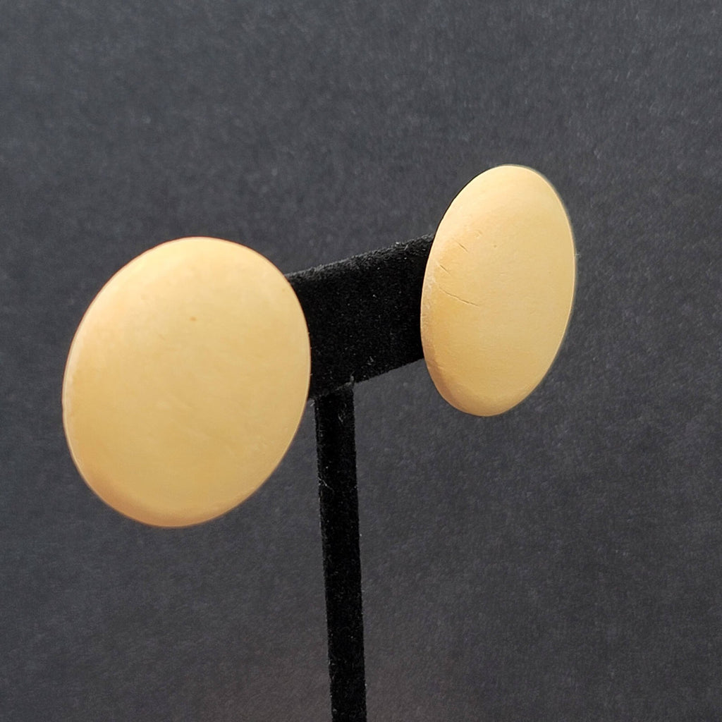 Vintage Pierced Earrings Light Tan Real Wood Round Drop 1 1/8"