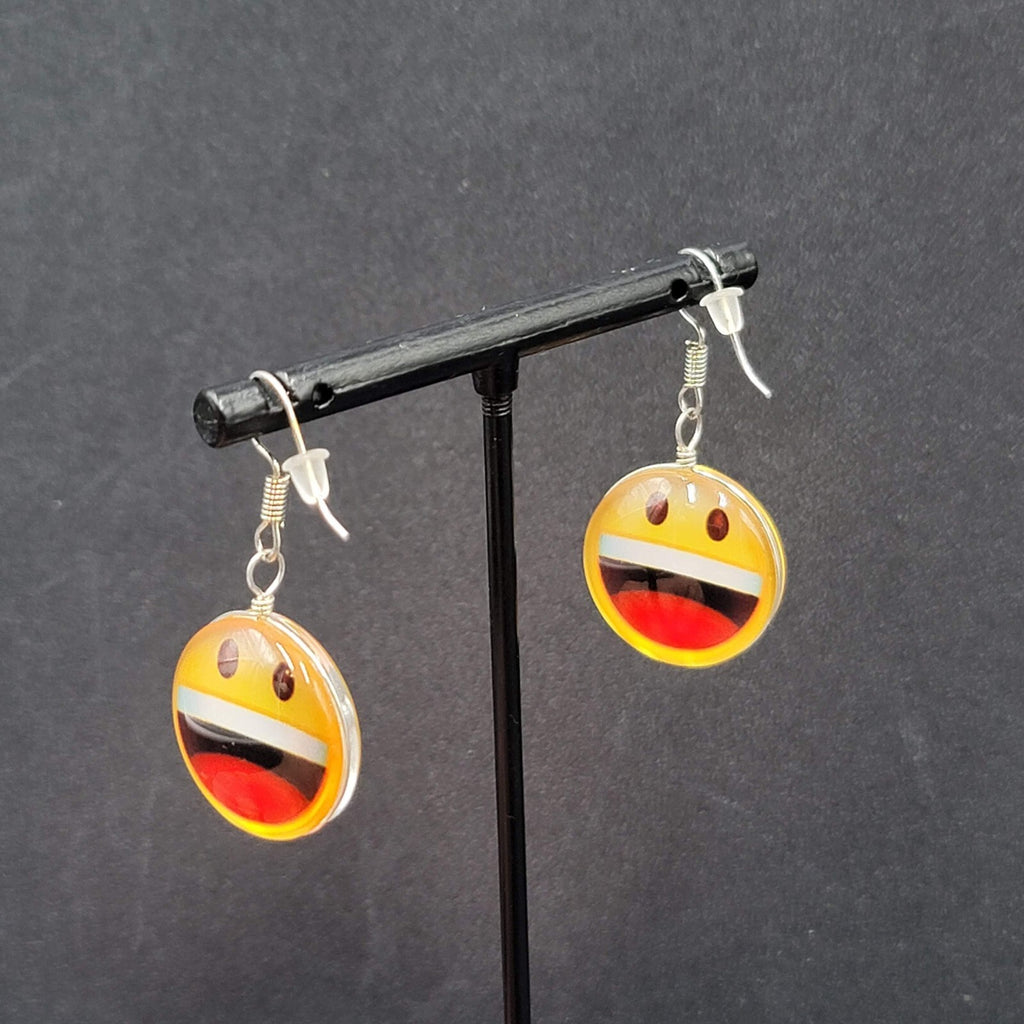 Pierced Earrings Glass Happy Face Emoji Dangle 1"