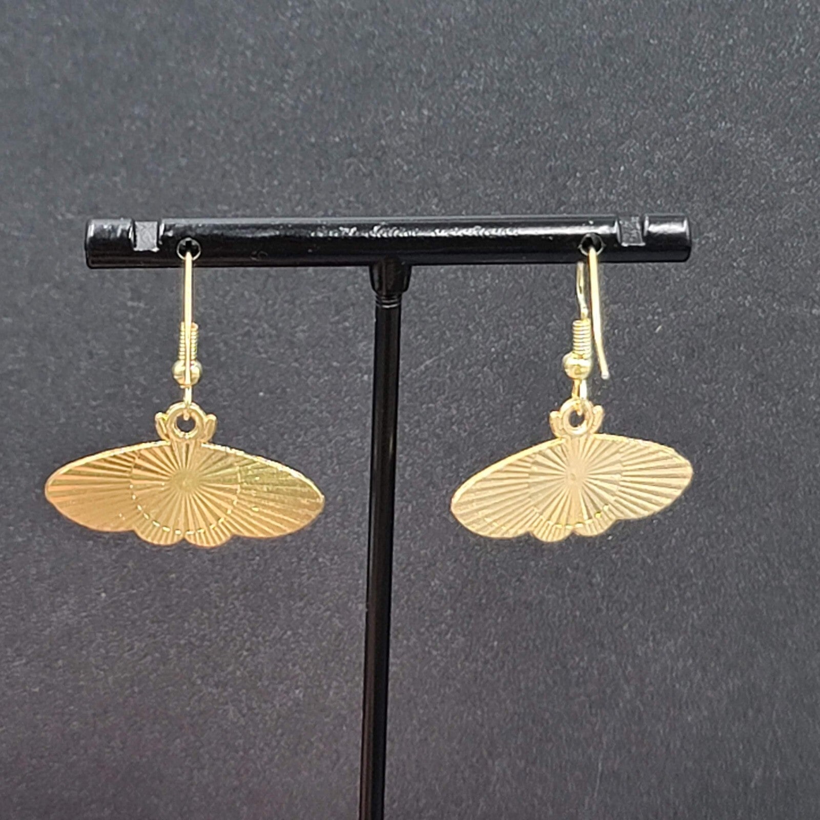 Moth Pierced Earrings Gold tone Brown Black Enamel Dangle 1/2"