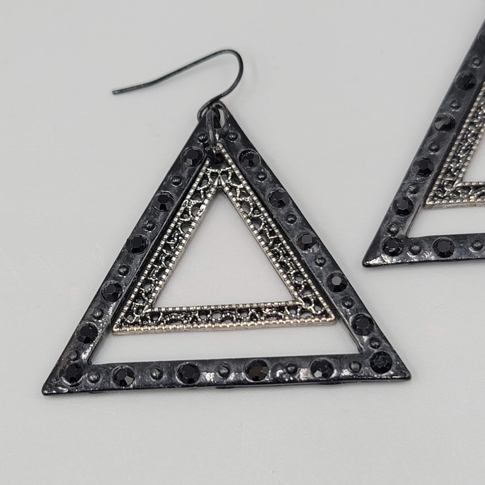 Black Enamel Double Triangle Pierced Earrings Dangle 1.75"