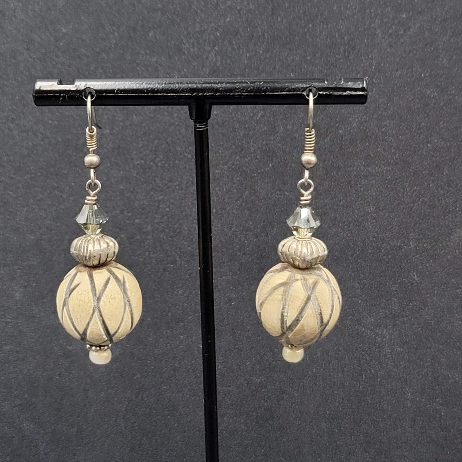 Vintage Pierced Earrings Silver tone Crystal and Wood Carved Bead Dangle 1.5"