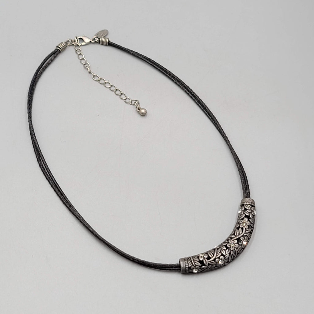 lia sophia Necklace Black Leather Part Pendant Crystal Flowers Pewter 18 in