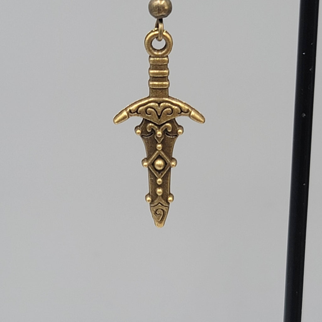 Fancy Embossed Dagger Pierced Earrings Bronze tone Dangle New 1"