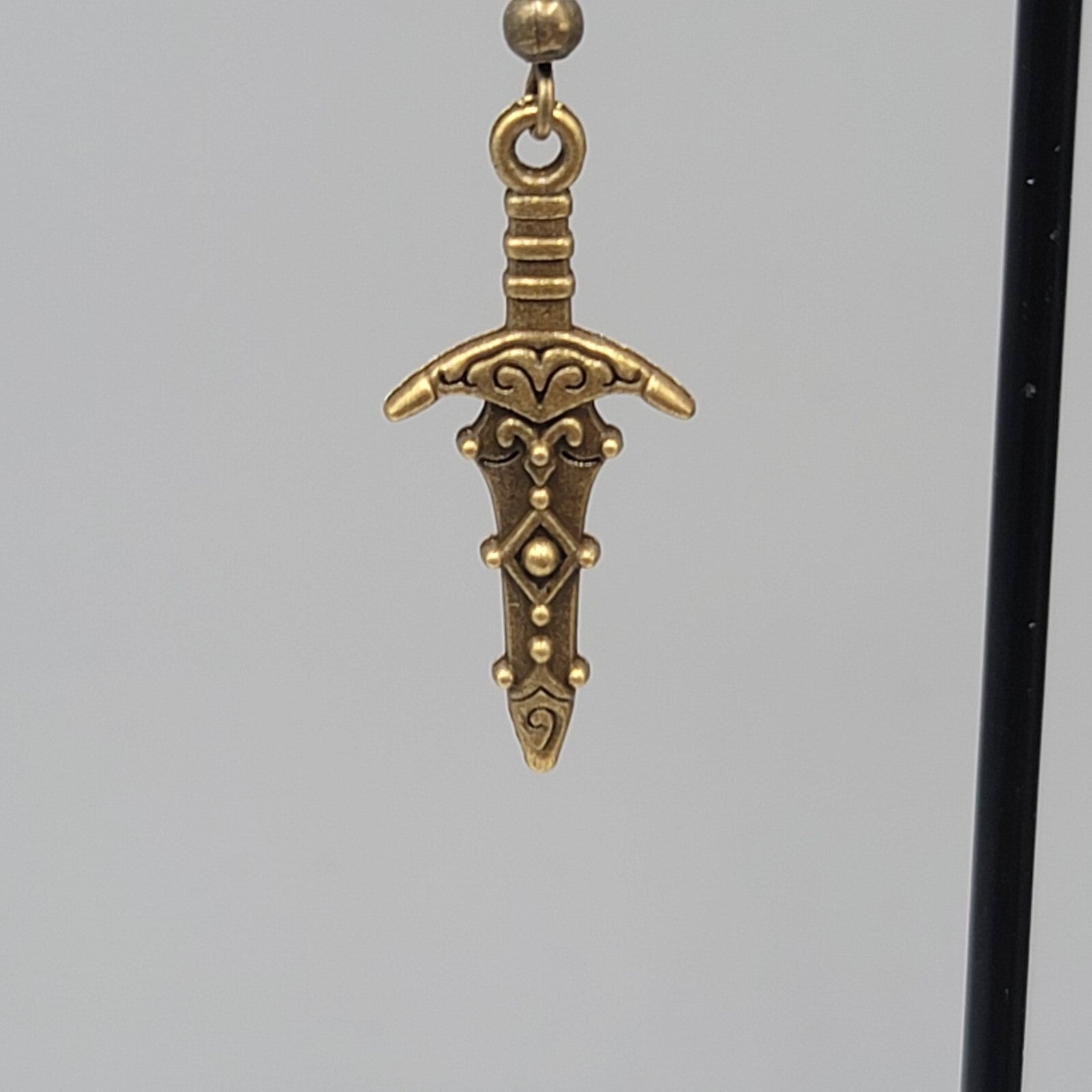 Fancy Embossed Dagger Pierced Earrings Bronze tone Dangle New 1"