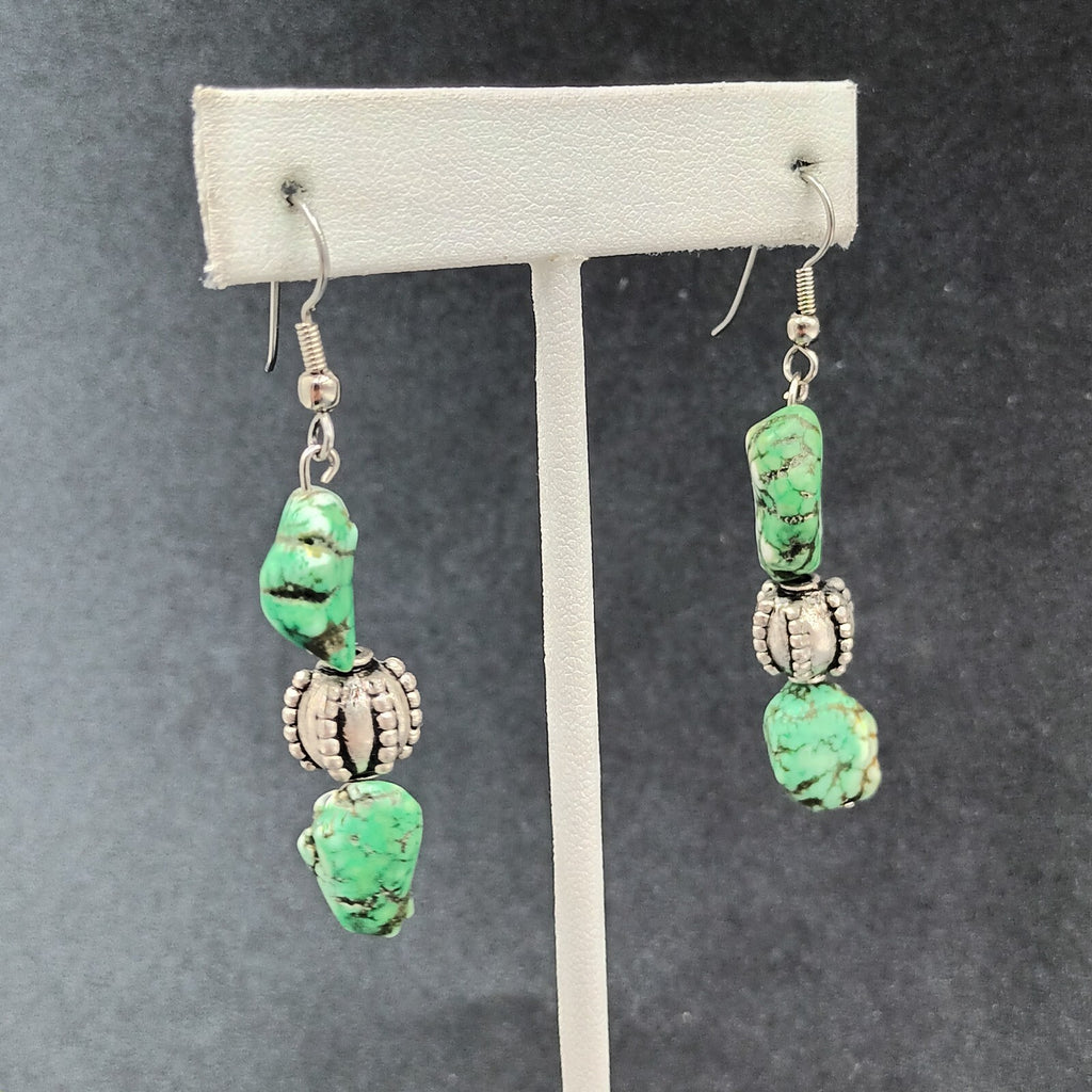 Pierced Earrings Silver tone Green Howlite Stone Beaded Statement Dangle 1 3/4"