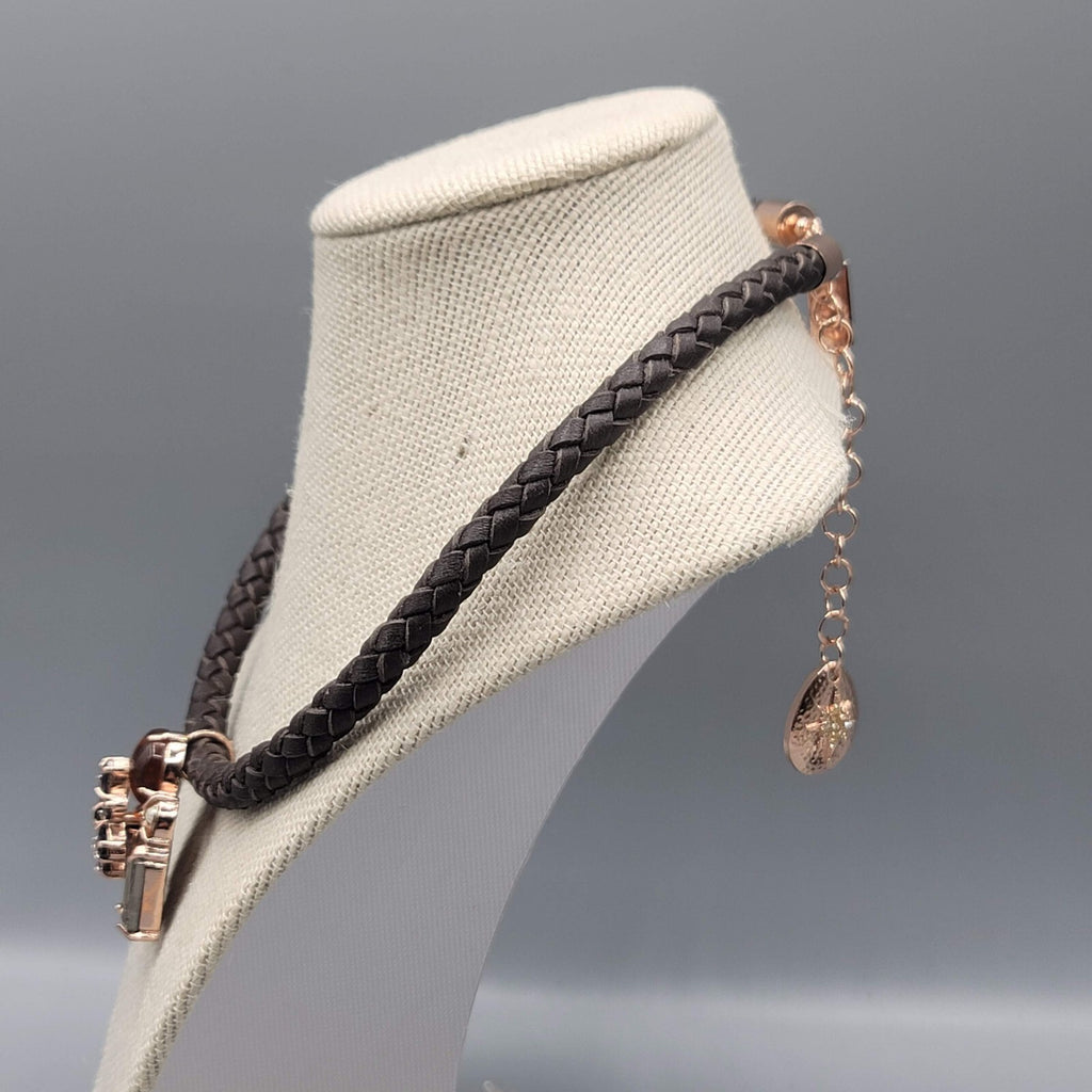 Statement Signed Necklace Rhinestone Pendant Braided Leather Cord 18"-21"