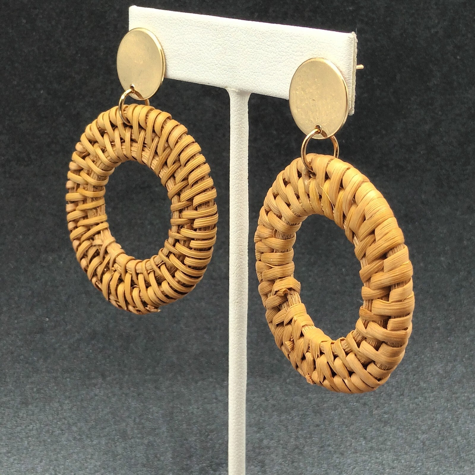 Boho Pierced Earrings Gold tone Rattan Ring Statement Dangle 2 1/2"