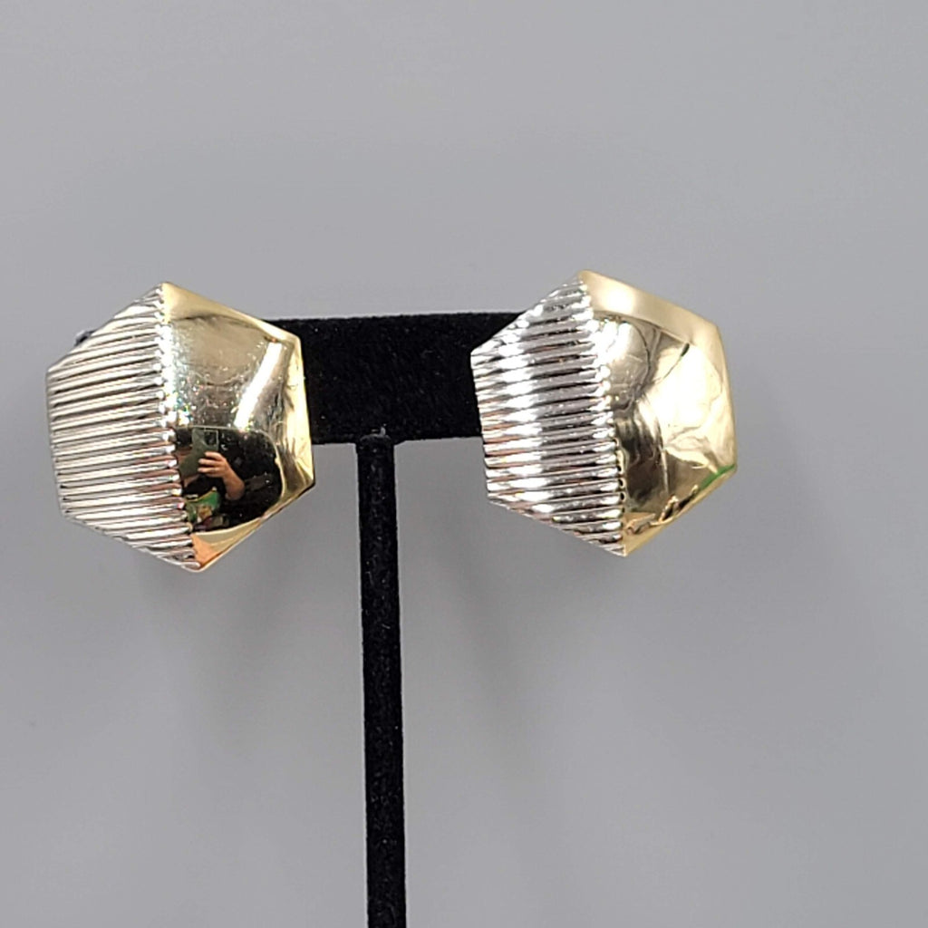 Vintage Clip on Earrings Gold and Silver tone Hexagon 1.25"