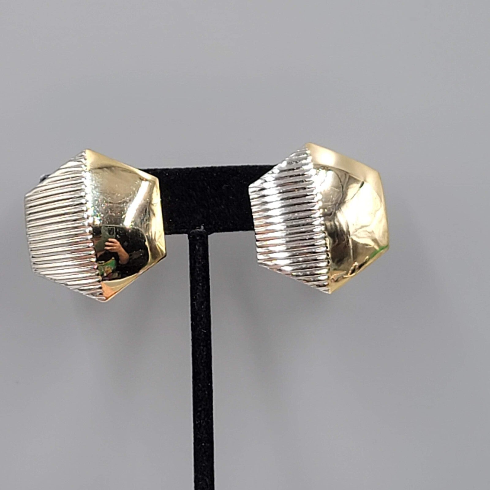 Vintage Clip on Earrings Gold and Silver tone Hexagon 1.25"
