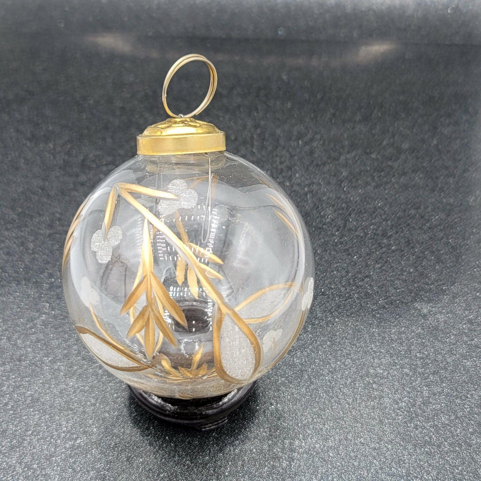 Vintage Kugel Style Etched Design Christmas Ornament 3 in Clear & Gold