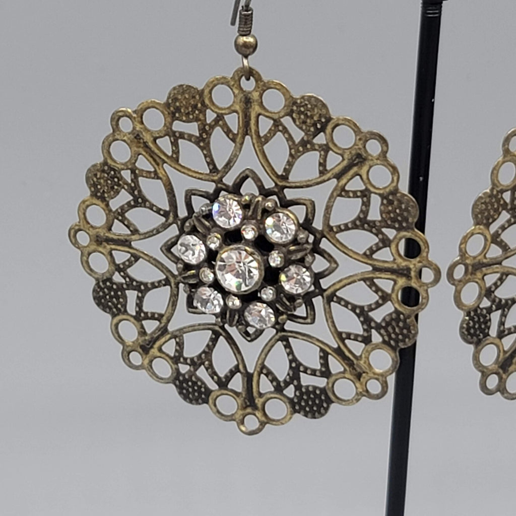 Pierced Earrings Bronze tone Large Metal Filigree Rhinestone Center Boho 1.75"