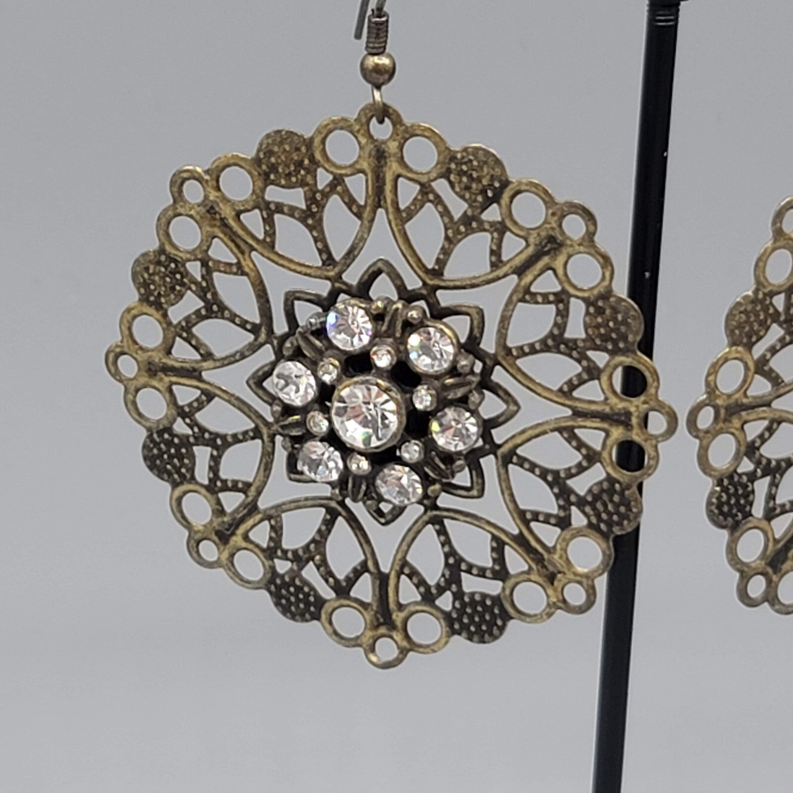 Pierced Earrings Bronze tone Large Metal Filigree Rhinestone Center Boho 1.75"