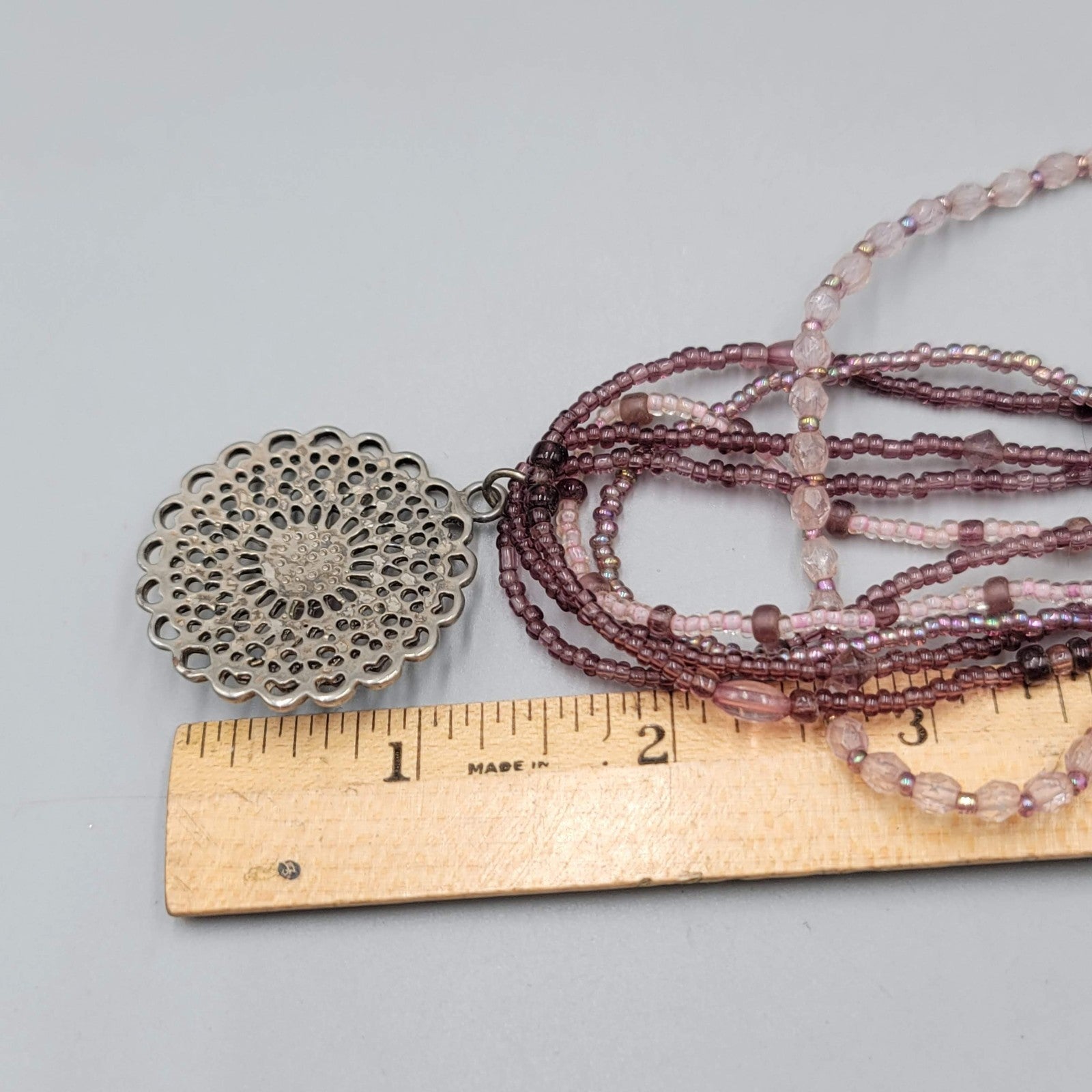 Multi Strand Purple Seed Bead Necklace Silver tone Pendant 18"