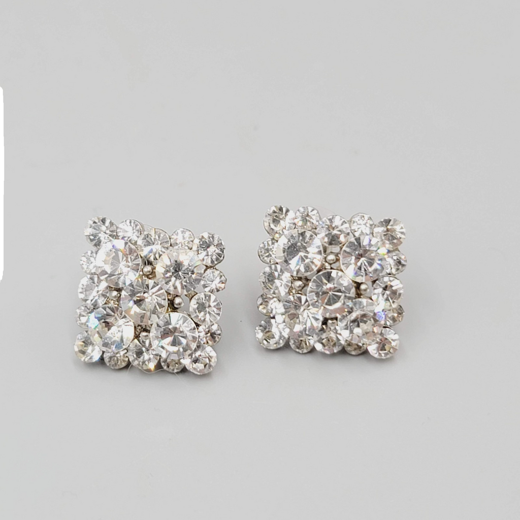 Rhinestone Pierced Earrings Silver tone Square Drop 7/8"