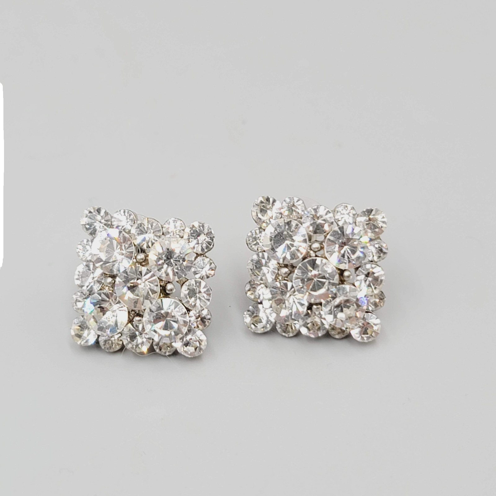 Rhinestone Pierced Earrings Silver tone Square Drop 7/8"