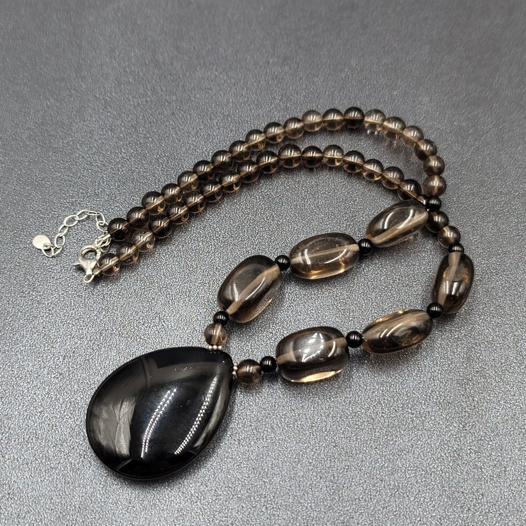 ATI Glass Bead Necklace Black Smokey Teardrop Pendant Sterling Silver Clasp 16"