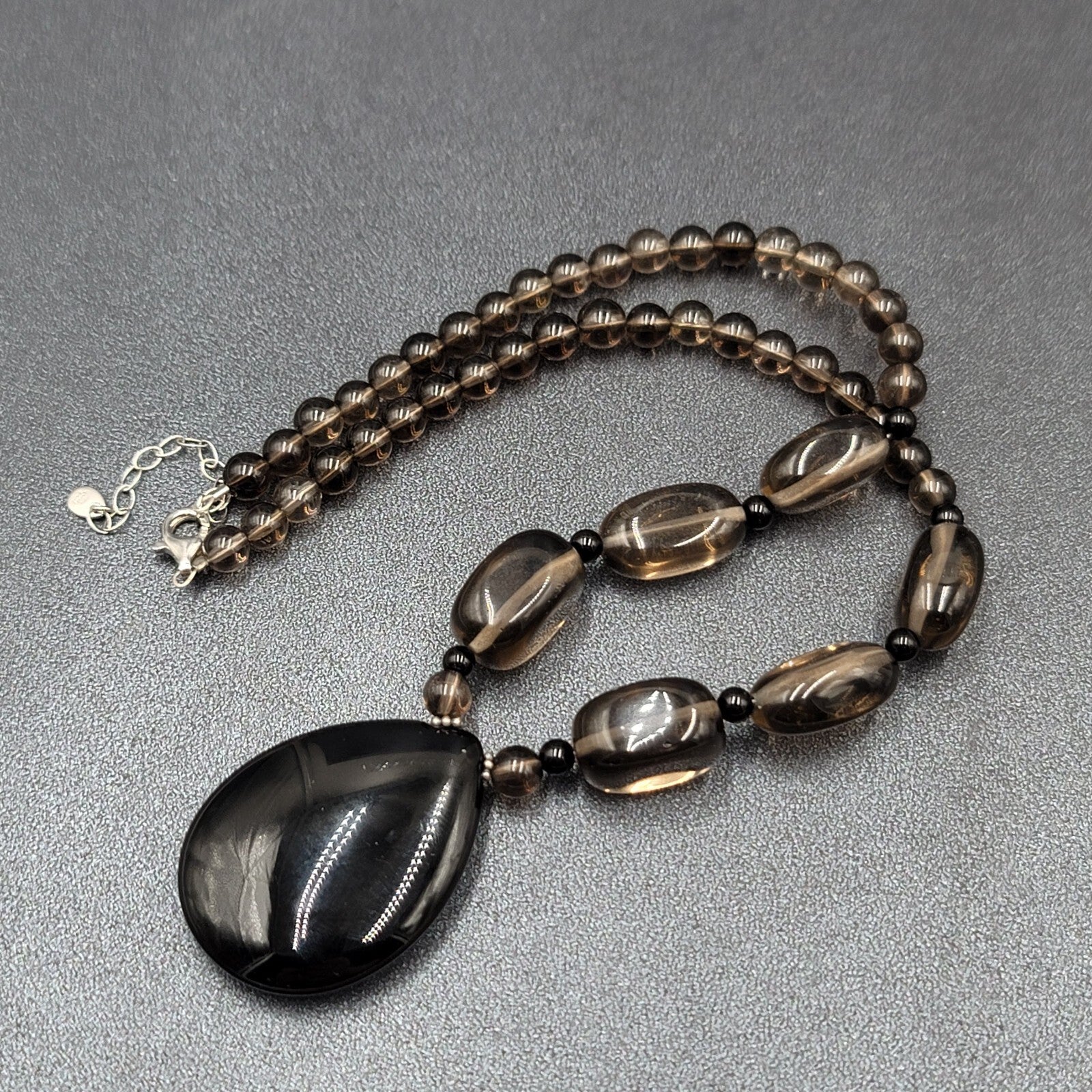 ATI Glass Bead Necklace Black Smokey Teardrop Pendant Sterling Silver Clasp 16"