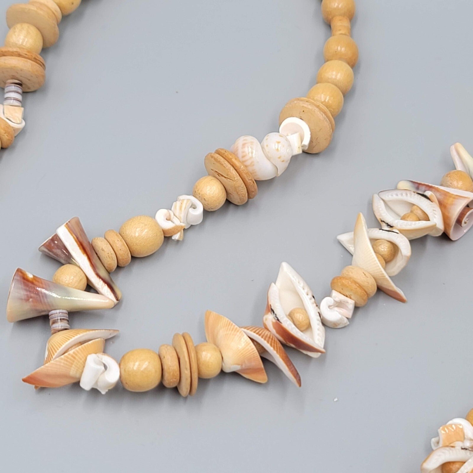 Vintage Necklace Wood Bead Shell Pieces LONG Unique Beach Summer 40"