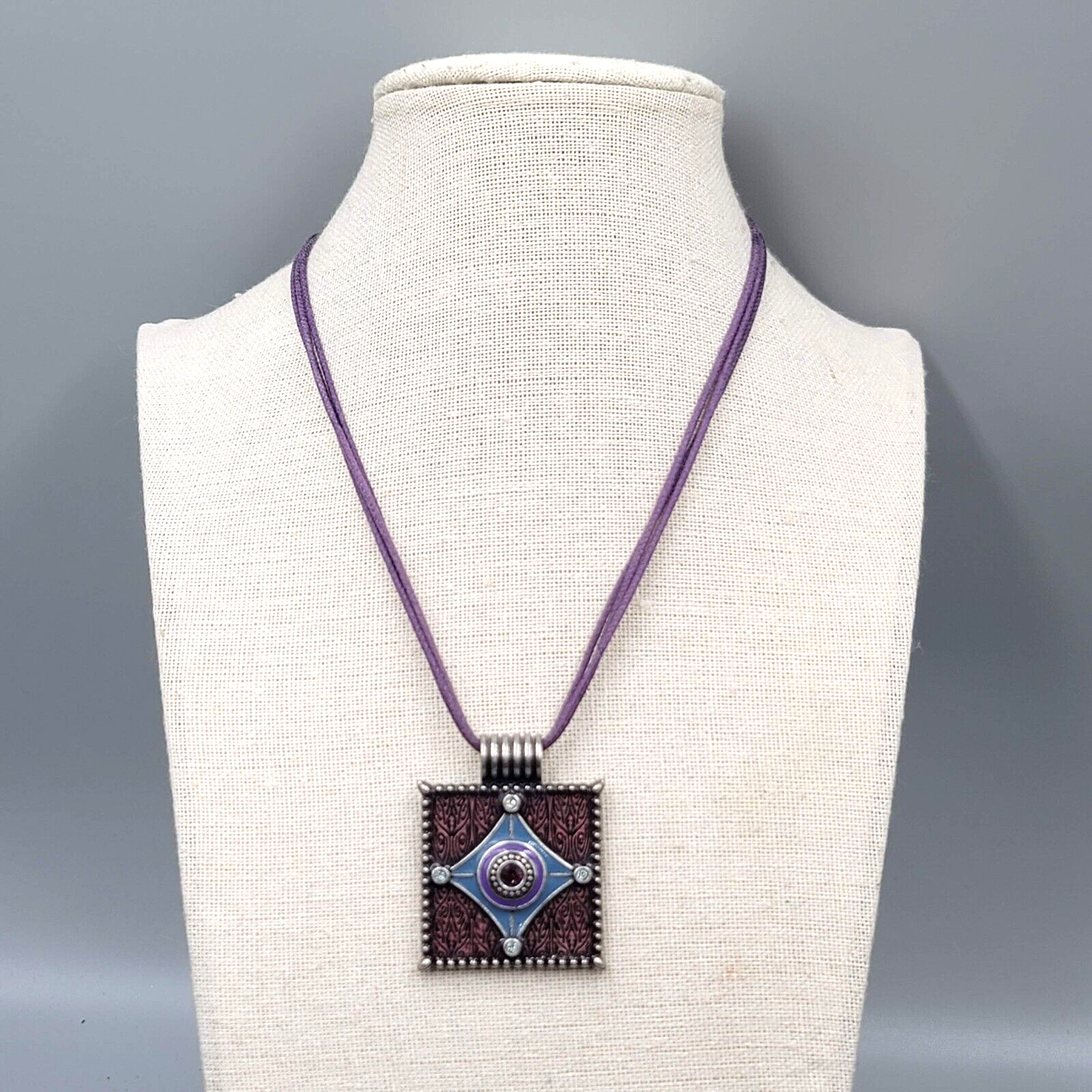 Lia Sophia Necklace Purple Cord Square Enamel Pendant Rhinestone  16"-19"