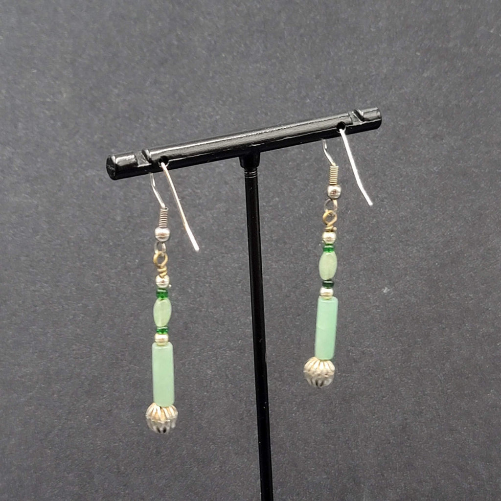 Pierced Earrings Silver tone Jade Beaded Long Thin Dangle  1.5"