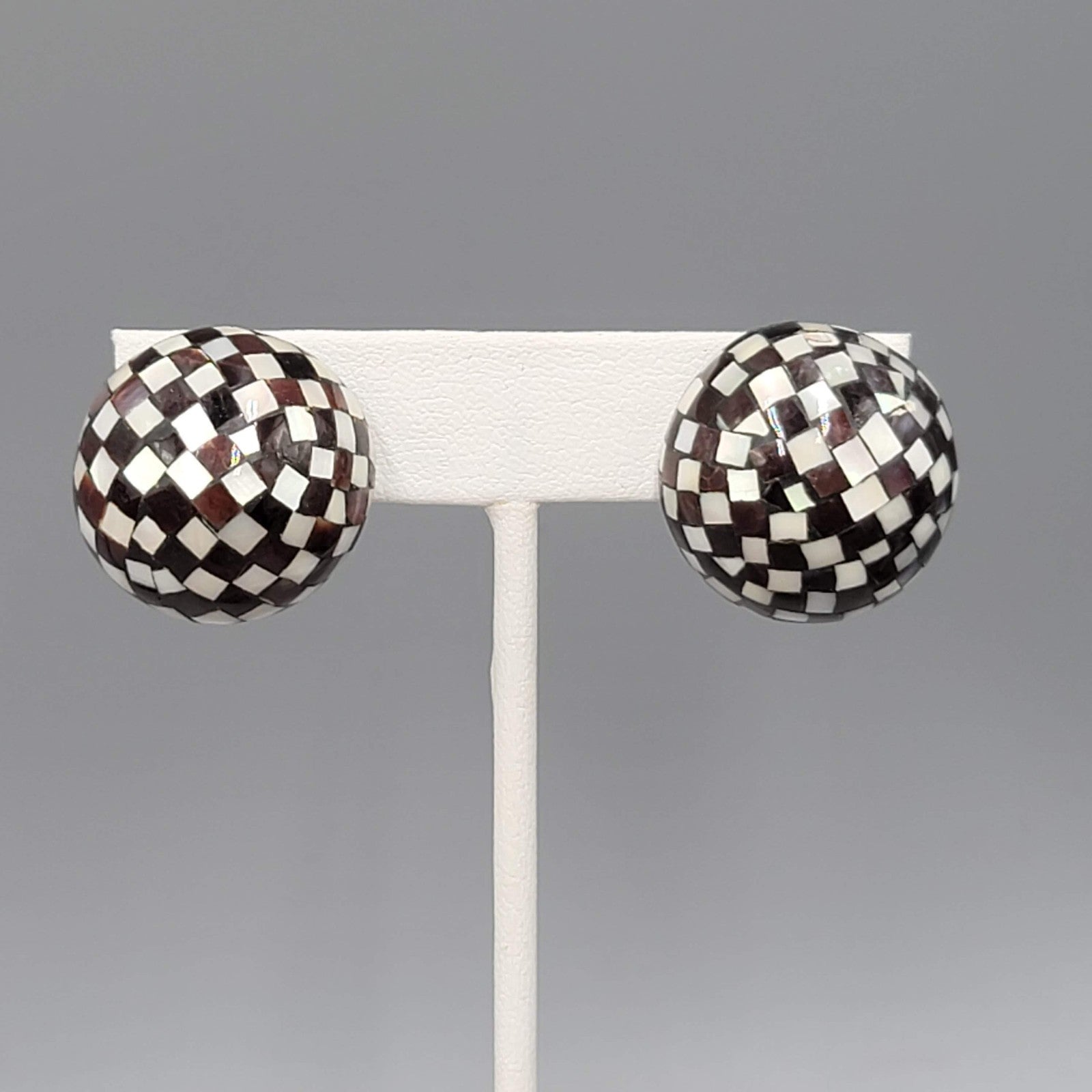 Vintage Mother of Pearl and Wood Inlay Clip on Earrings 1 in