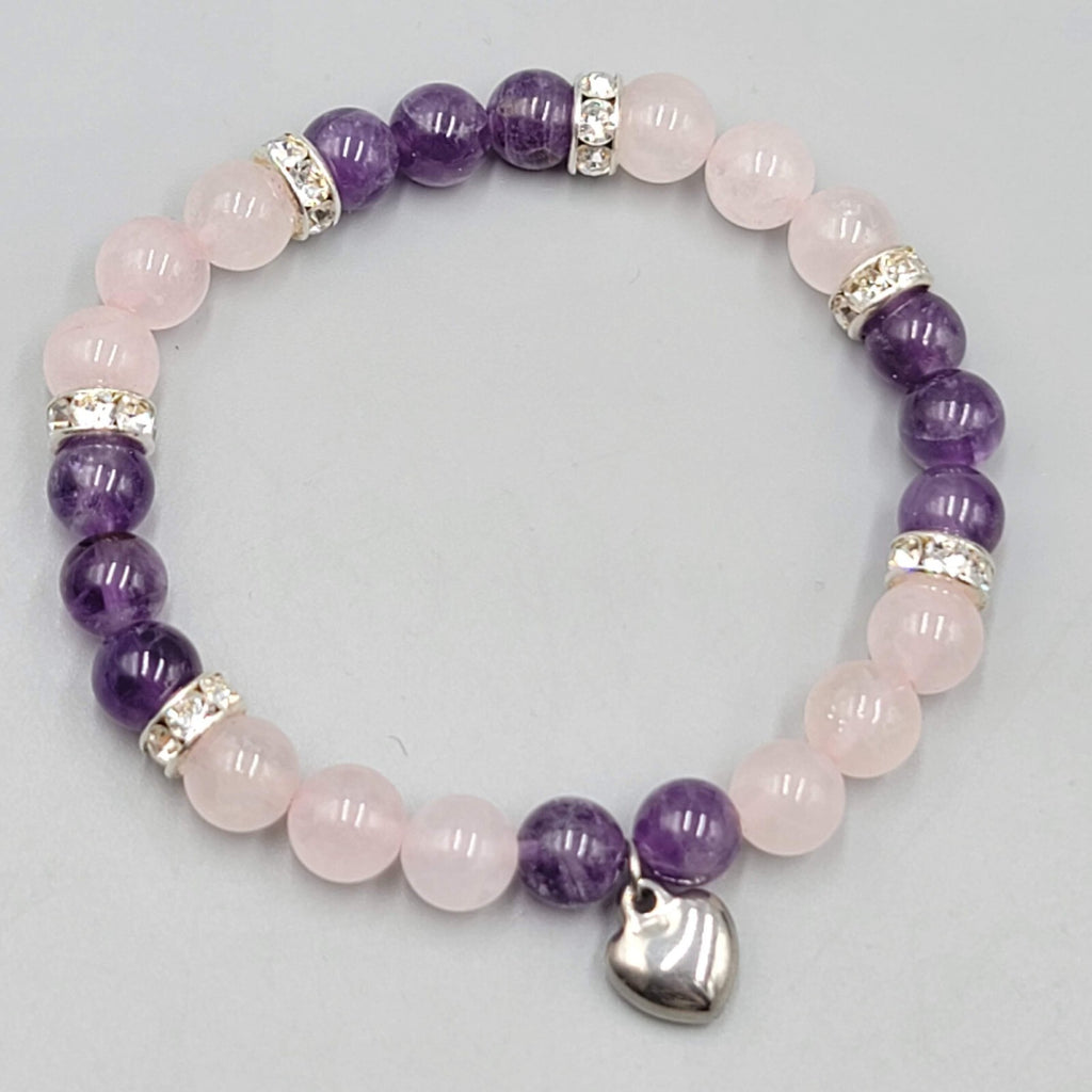 Pink Quartz and Amethyst Bead Bracelet Elastic Rhinestone Spacers Heart Charm