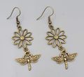 Dragonfly Flower Pierced Earrings Bronze tone Dangle NEW 1 5/8"
