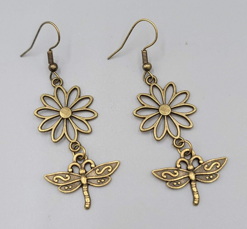 Dragonfly Flower Pierced Earrings Bronze tone Dangle NEW 1 5/8"