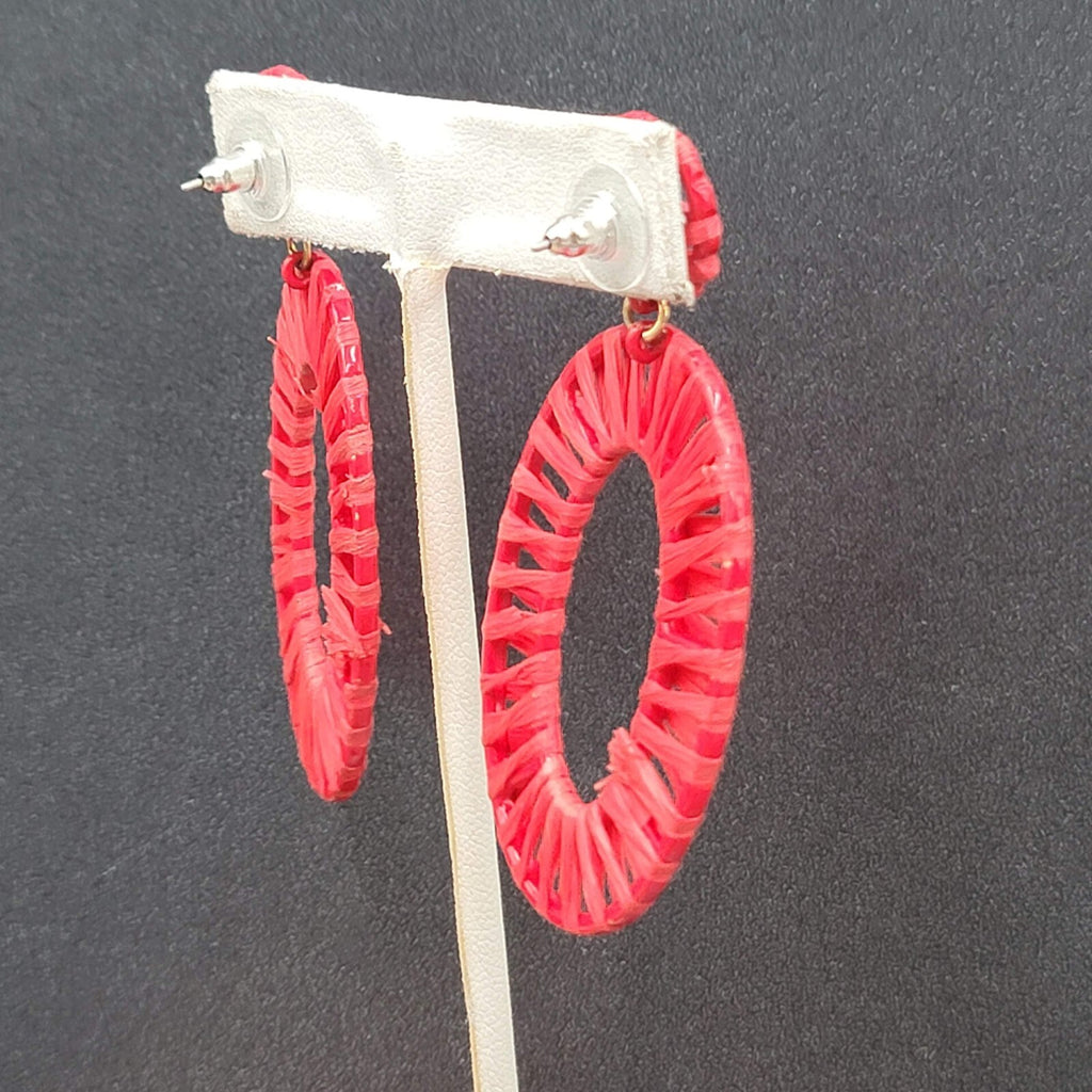 Pierced Earrings Red Rattan Dangle Hoops Statement 2.5"