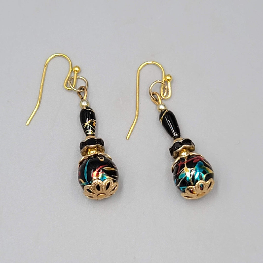 Black Bead Color Splatter Pierced Earrings Gold tone Dangle 1.5"
