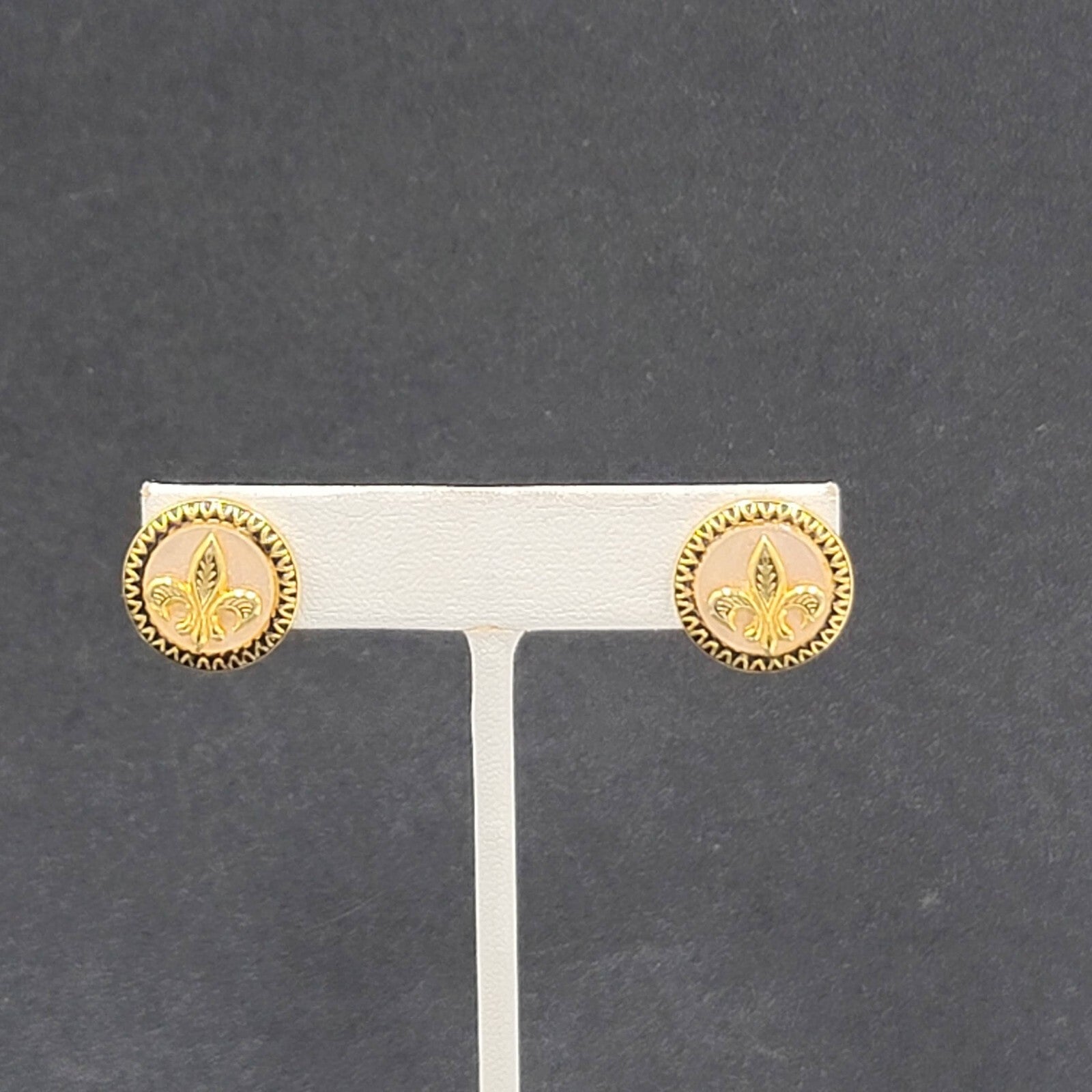 Vintage Clip on Earrings Gold tone Fleur Di Lis Mother of Pearl 5/8" Screw Back