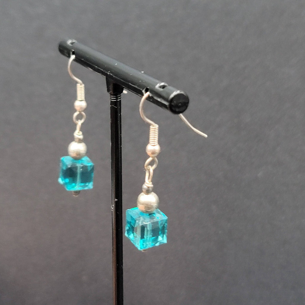 Pierced Earrings Silver tone Square Blue Crystal Bead Dangle 7/8"