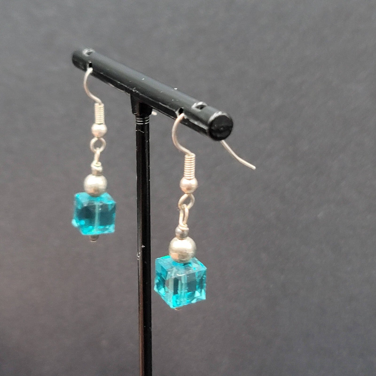Pierced Earrings Silver tone Square Blue Crystal Bead Dangle 7/8"