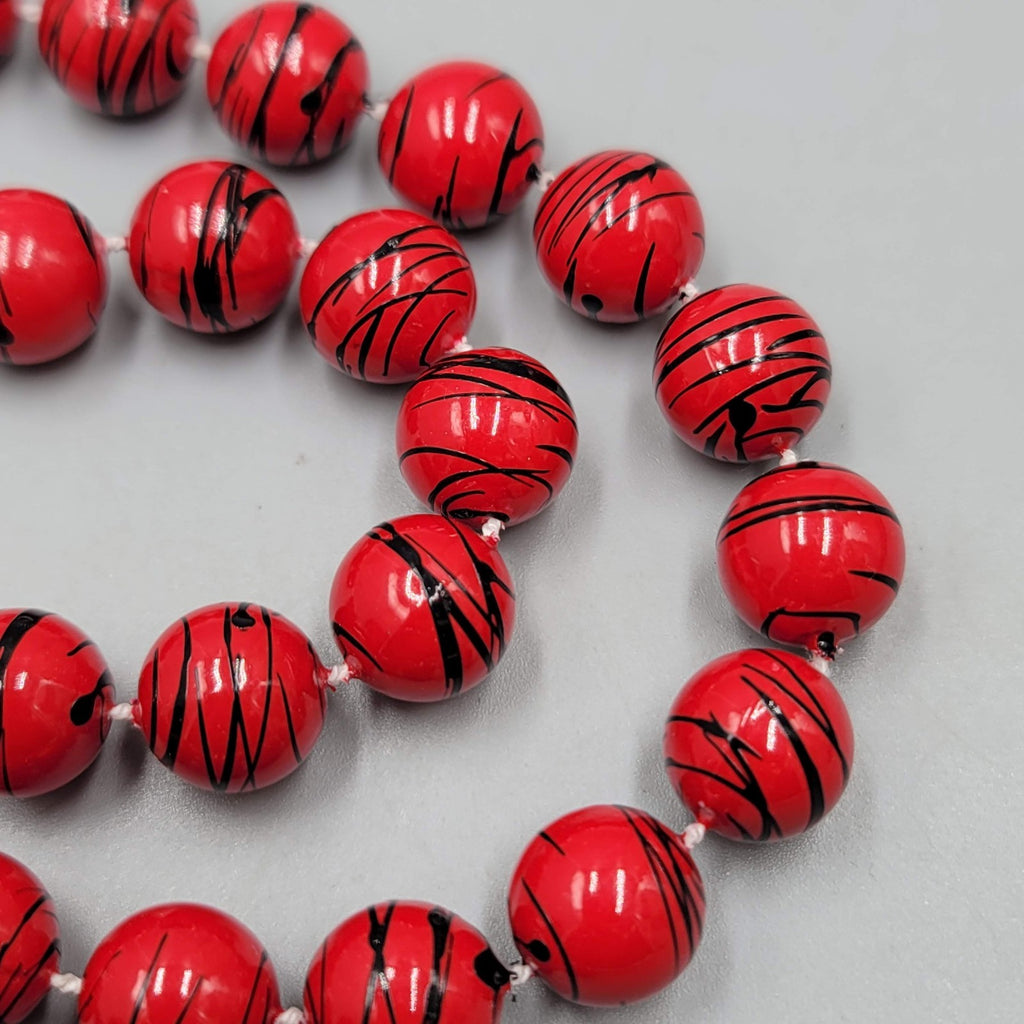 Vintage Red Bead Black Splatter Necklace 28"
