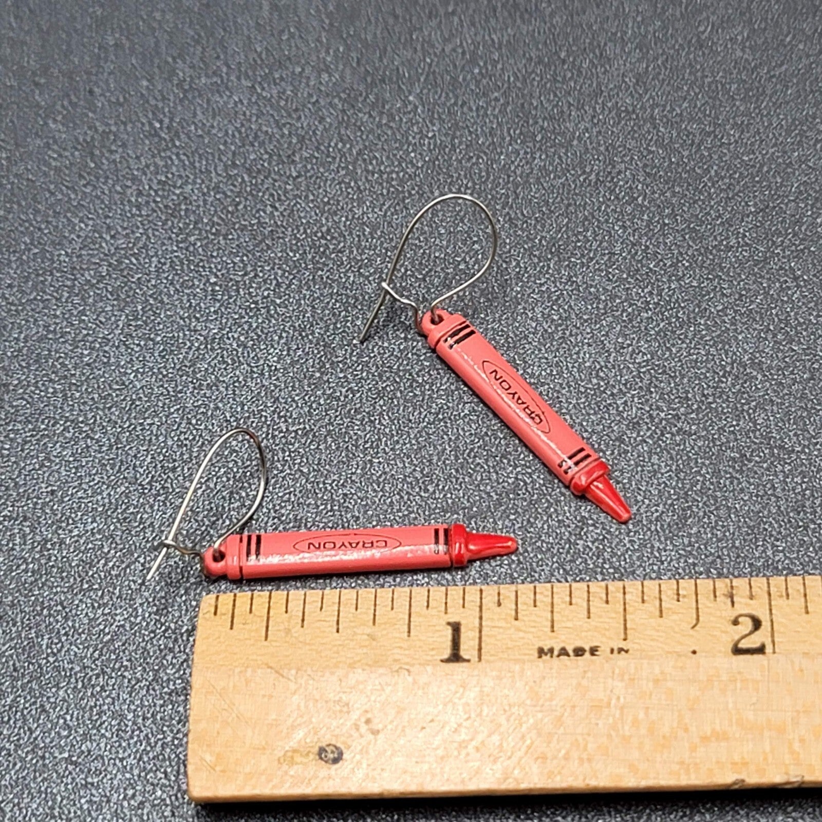 Vintage Pierced Earrings Red Crayon Dangle Silver tone Hooks Dangle 1 1/8"