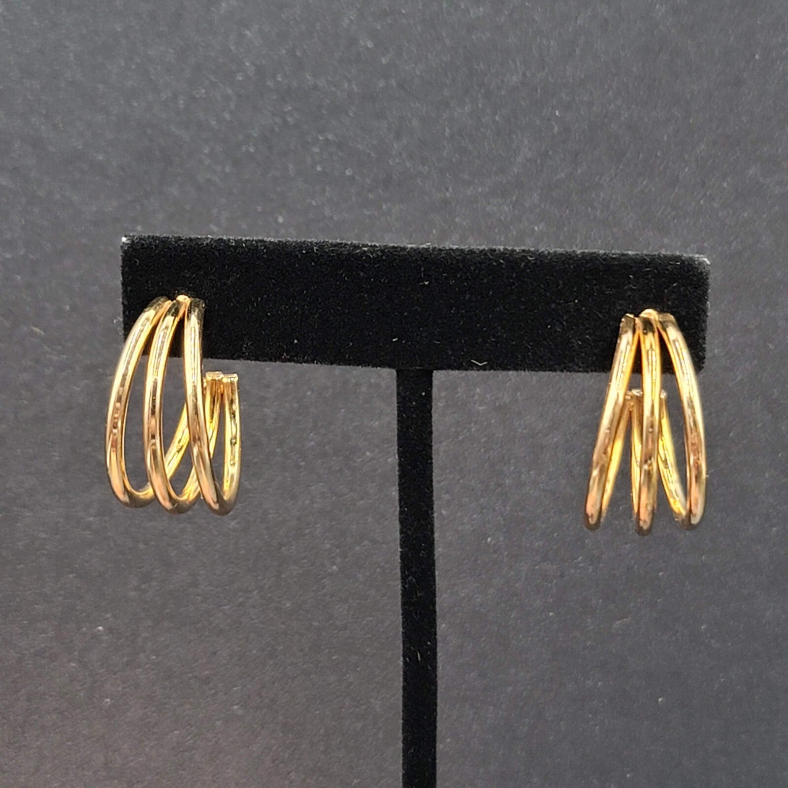 Pierced Earrings Triple Hoops Gold tone 1" Costume Jewely