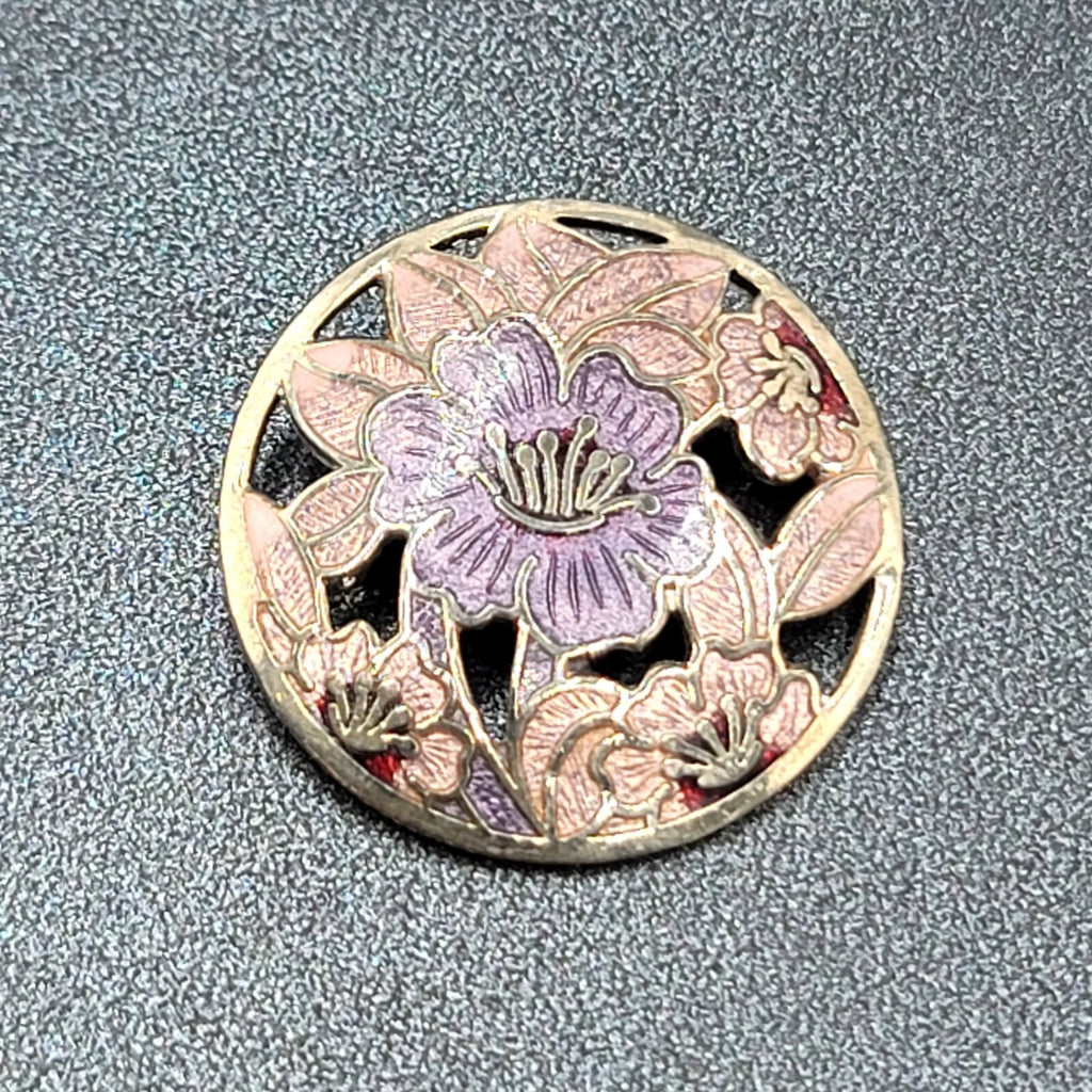 Vintage Cloisonne Brooch Silver tone Round Enamel Iris Flower 1.25"