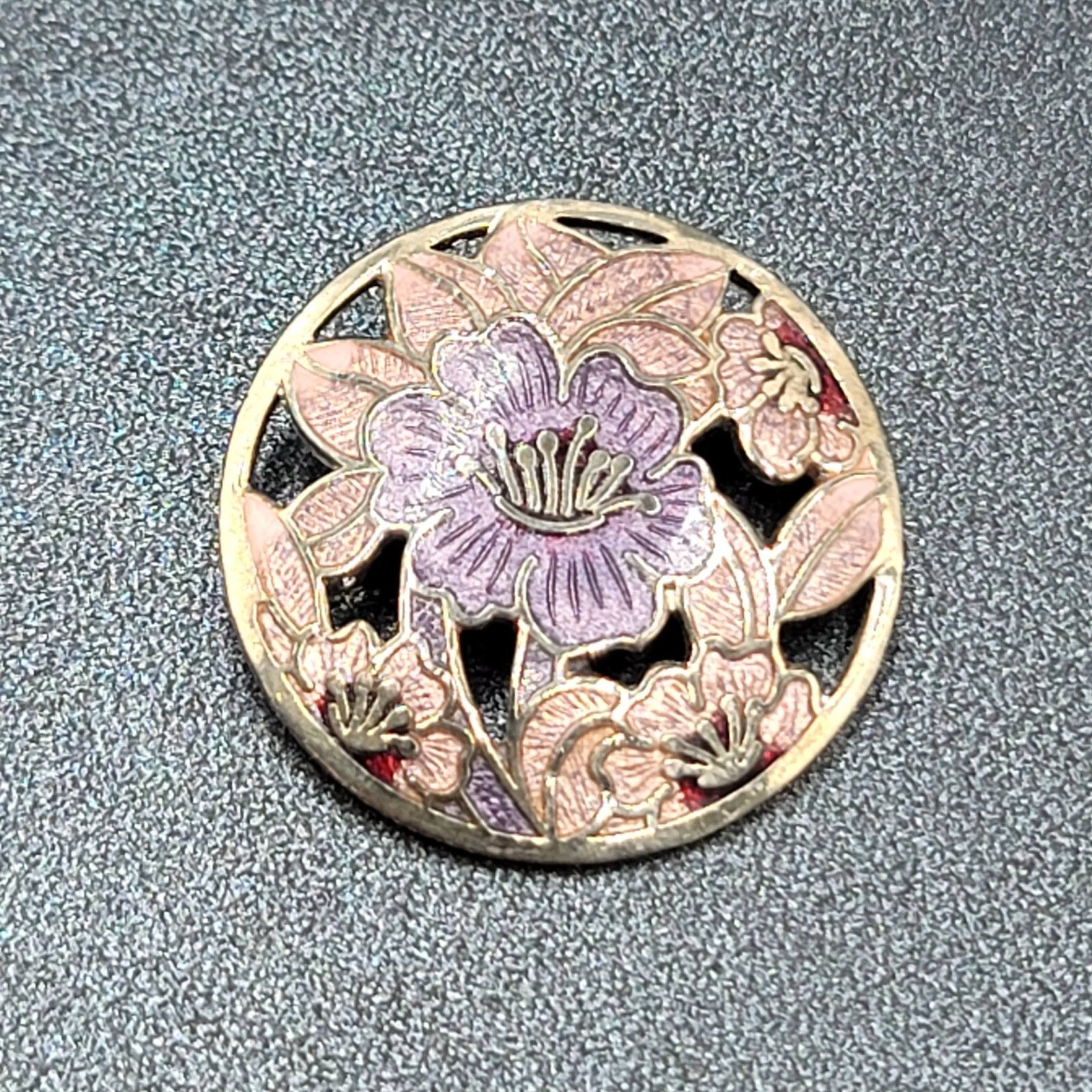 Vintage Cloisonne Brooch Silver tone Round Enamel Iris Flower 1.25"