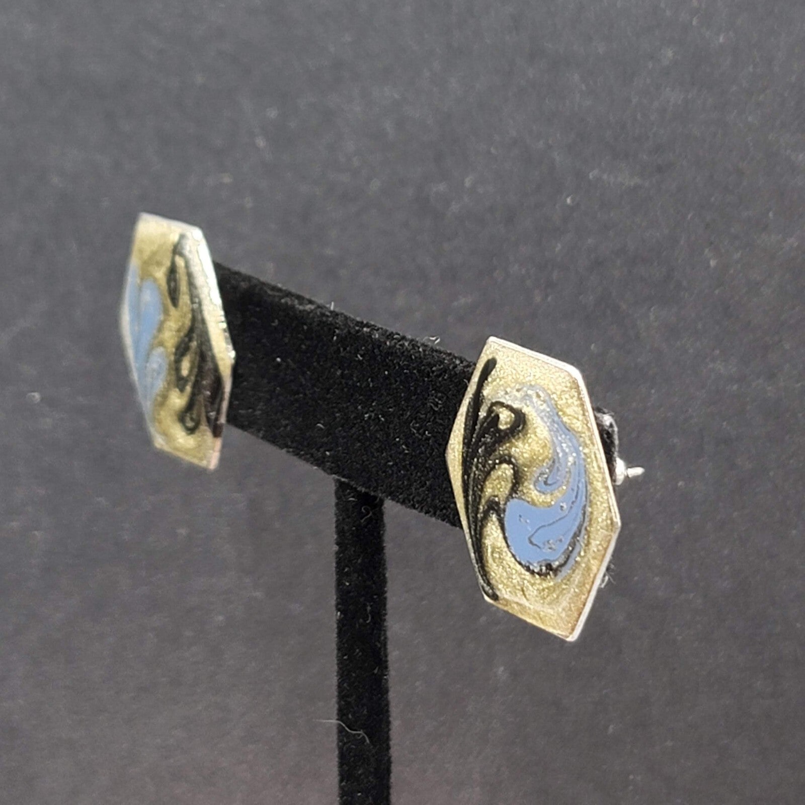 Vintage Pierced Earrings Blue Black Enamel Silver tone Drop 7/8"