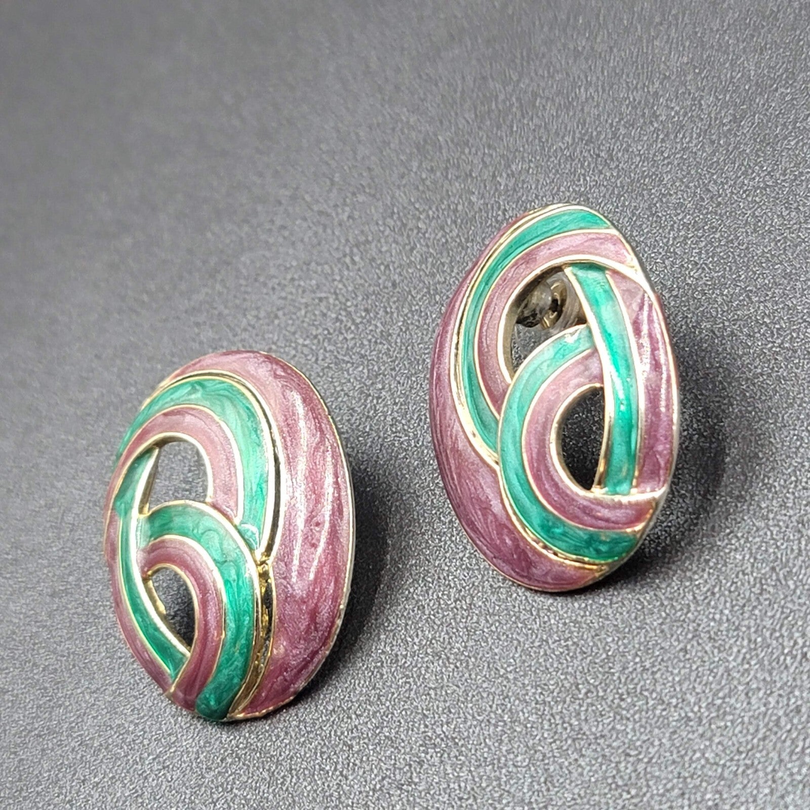 Vintage Pierced Earrings Purple Teal Blue Swirl Enamel Gold tone Drop 1.5"