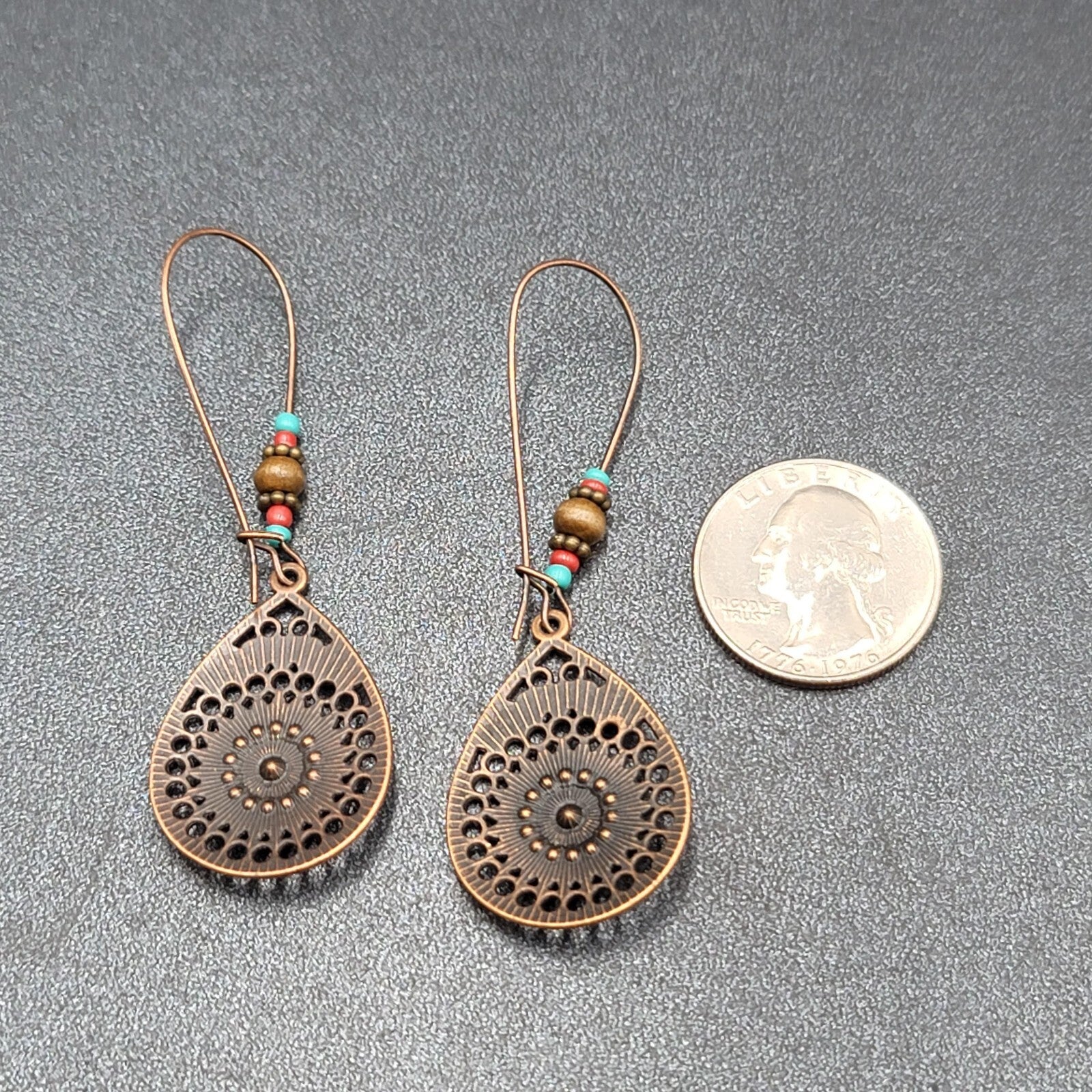 New Boho Pierced Earrings Copper tone AB Crystal Beaded 2 5/8"