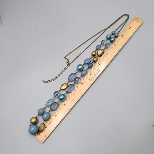 Blue Bead Necklace Bronze tone Chain 36" Long