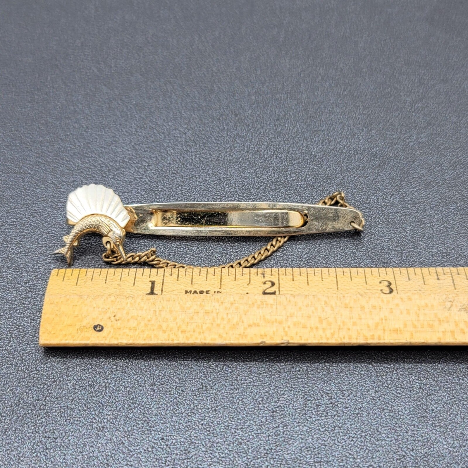 Vintage Chain Tie Bar Clip Carved Mother of Pearl Swordfish Fish Fishing